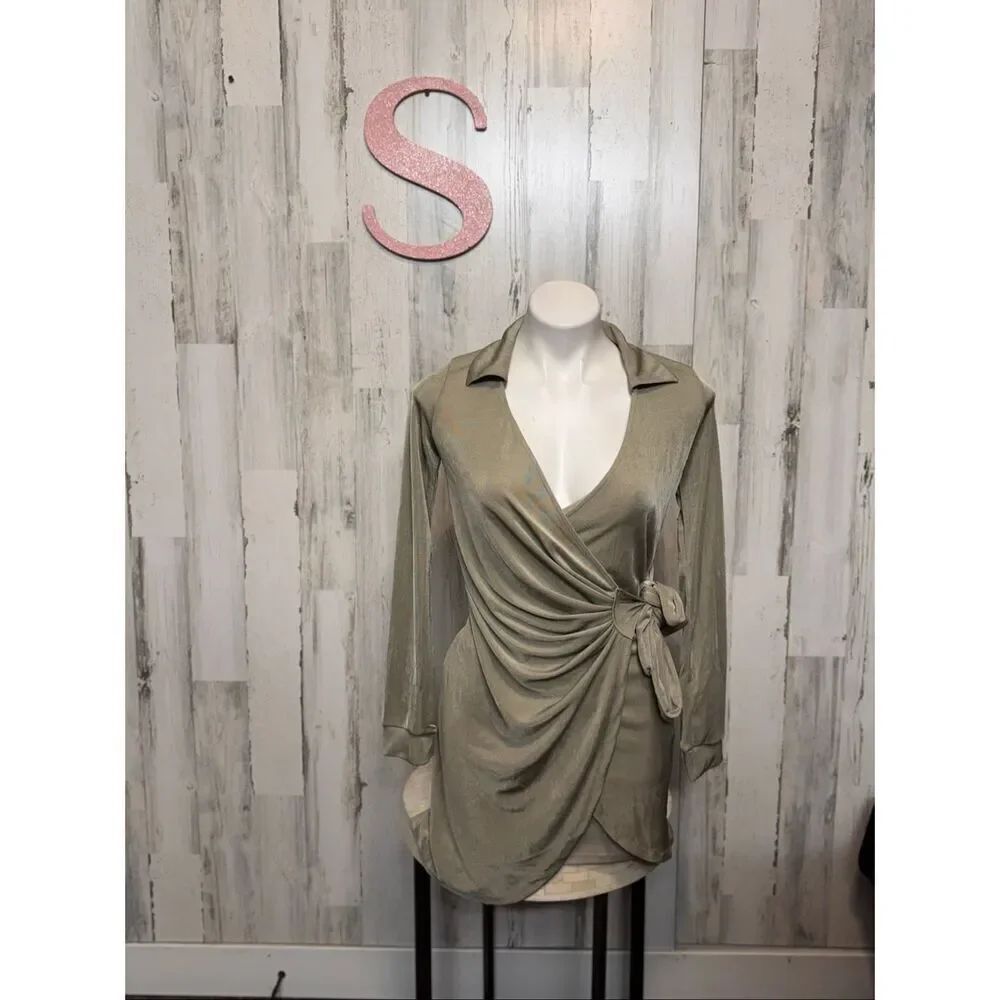 Forever 21 Gold Satin Wrap Dress | Long Sleeve Collared Mini Dress Size Small